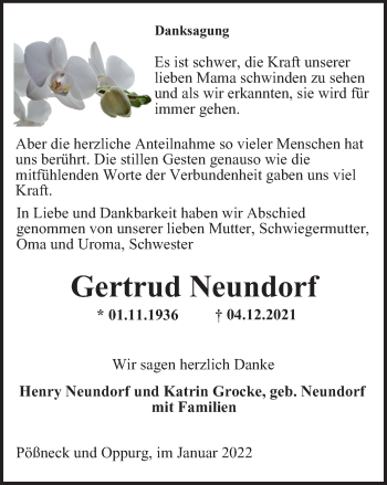 Traueranzeige von Gertrud Neundorf