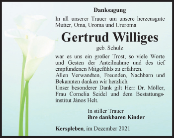 Traueranzeige von Gertrud Williges von Thüringer Allgemeine, Thüringische Landeszeitung