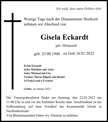 Traueranzeige von Gisela Eckardt von Thüringer Allgemeine, Thüringische Landeszeitung