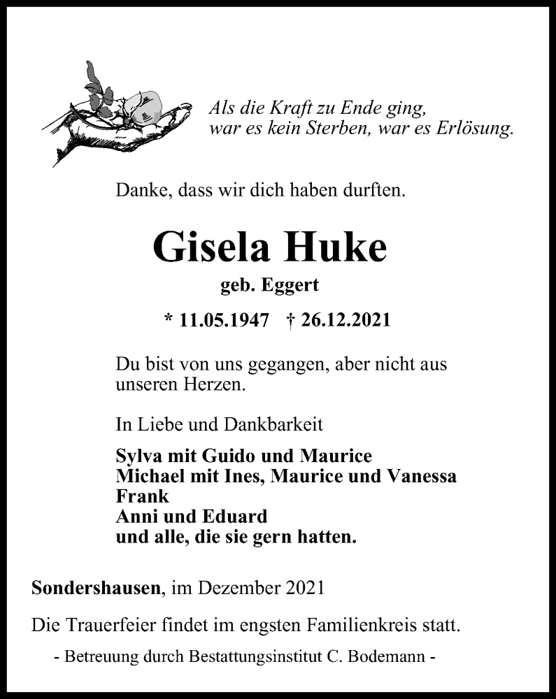  Traueranzeige für Gisela Huke vom 07.01.2022 aus Thüringer Allgemeine
