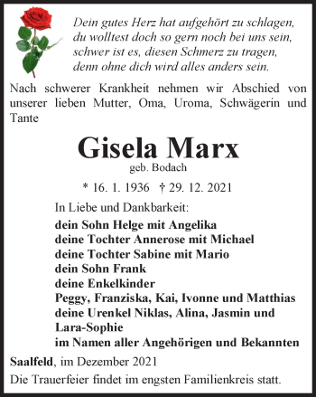 Traueranzeige von Gisela Marx von Ostthüringer Zeitung