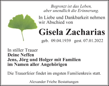 Traueranzeige von Gisela Zacharias von Thüringer Allgemeine, Thüringische Landeszeitung