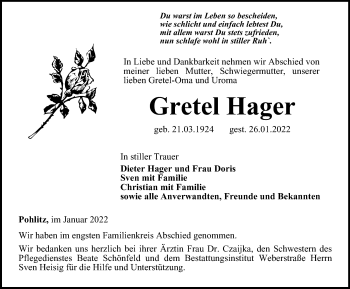 Traueranzeige von Gretel Hager von Ostthüringer Zeitung