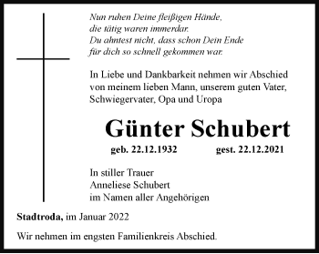 Traueranzeige von Günter Schubert von Ostthüringer Zeitung