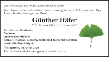 Traueranzeige von Günther Häfer von Thüringer Allgemeine, Thüringische Landeszeitung