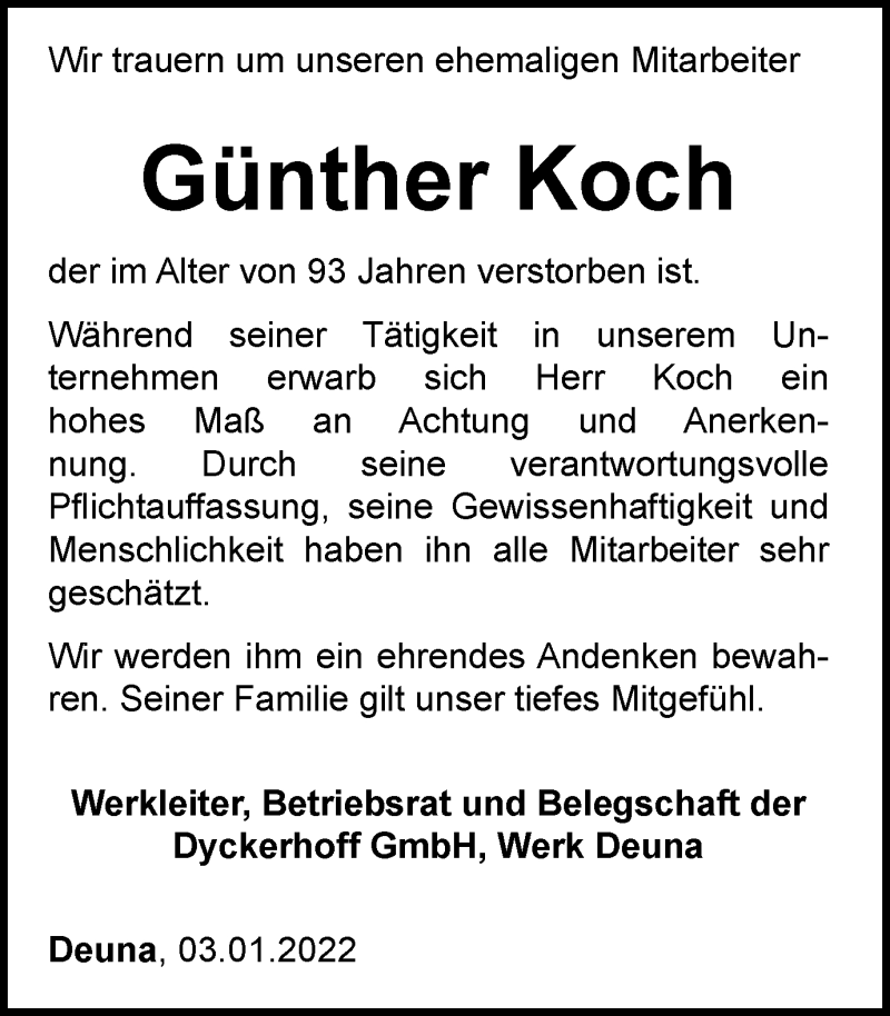  Traueranzeige für Günther Koch vom 08.01.2022 aus Thüringer Allgemeine