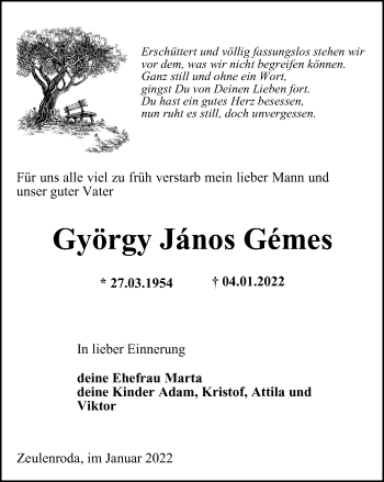 Traueranzeige von György Janos Gemes von Ostthüringer Zeitung