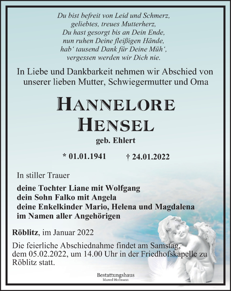  Traueranzeige für Hannelore Hensel vom 29.01.2022 aus Ostthüringer Zeitung
