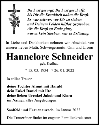 Traueranzeige von Hannelore Schneider von Ostthüringer Zeitung