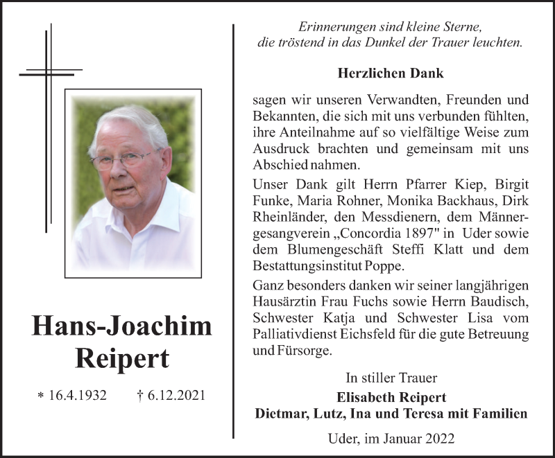  Traueranzeige für Hans-Joachim Reipert vom 06.01.2022 aus Thüringer Allgemeine