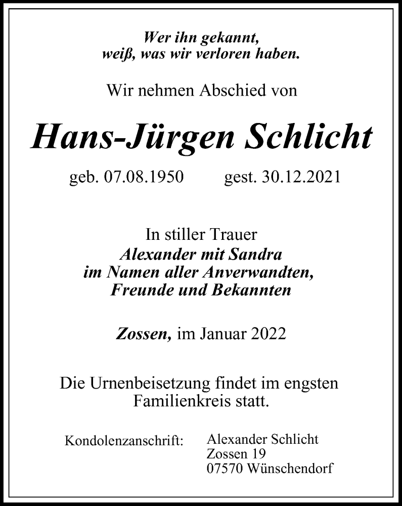  Traueranzeige für Hans-Jürgen Schlicht vom 07.01.2022 aus Ostthüringer Zeitung