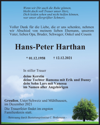 Traueranzeige von Hans-Peter Harthan von Thüringer Allgemeine