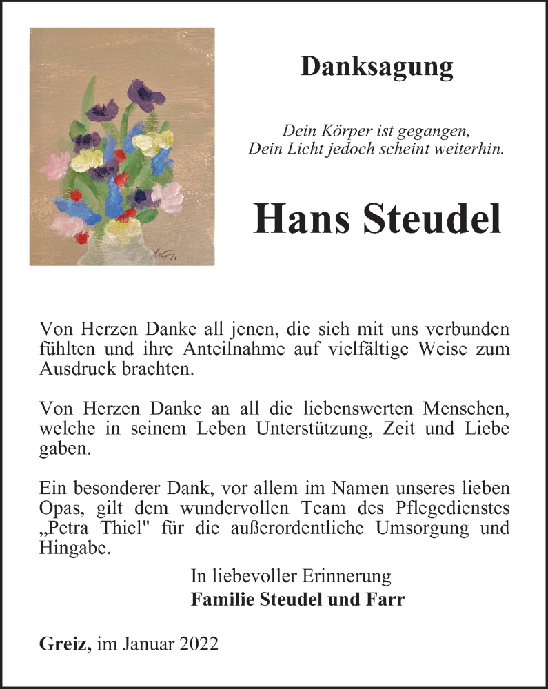  Traueranzeige für Hans Steudel vom 14.01.2022 aus Ostthüringer Zeitung