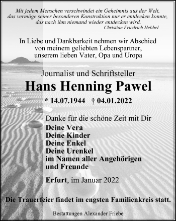 Traueranzeige von Hans Henning Pawel von Thüringer Allgemeine, Thüringische Landeszeitung
