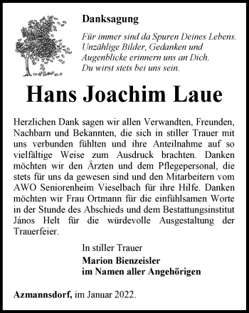 Traueranzeige von Hans Joachim Laue von Thüringer Allgemeine, Thüringische Landeszeitung