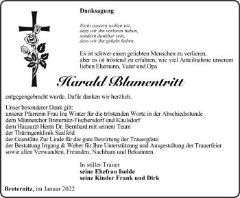 Traueranzeige von Harald Blumentritt von Ostthüringer Zeitung