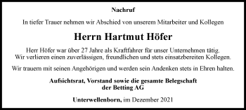 Traueranzeige von Hartmut Höfer von Ostthüringer Zeitung