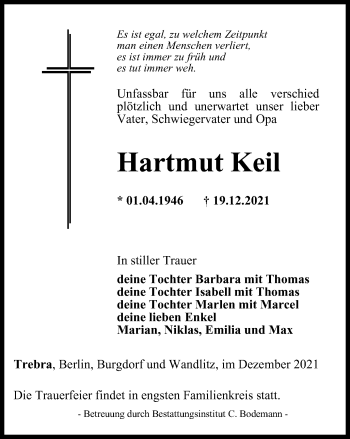 Traueranzeige von Hartmut Keil von Thüringer Allgemeine