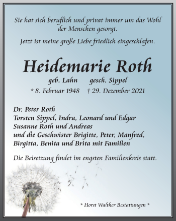 Traueranzeige von Heidemarie Roth von Thüringer Allgemeine, Thüringische Landeszeitung