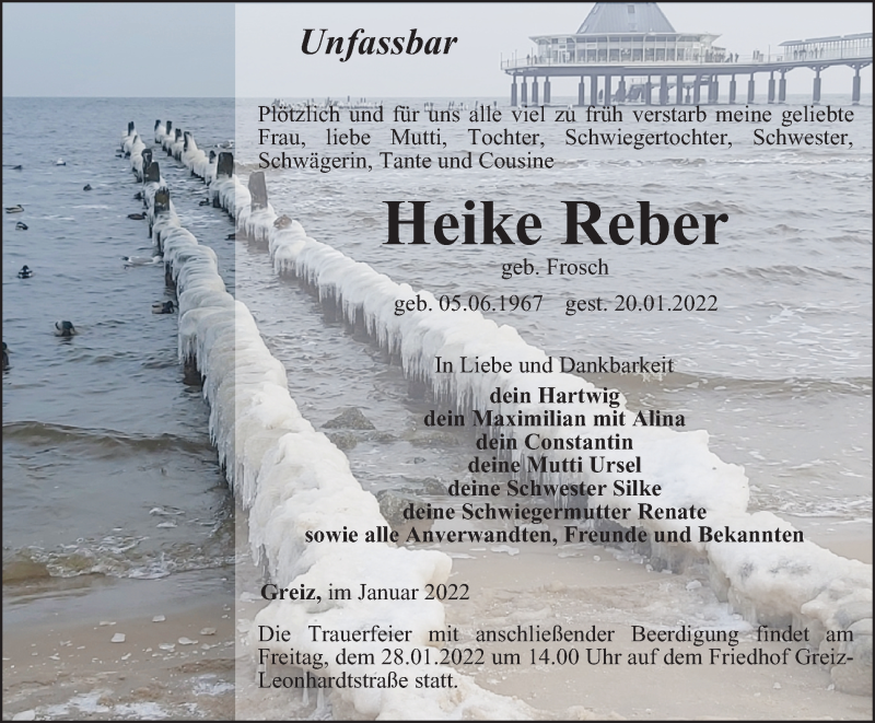  Traueranzeige für Heike Reber vom 22.01.2022 aus Ostthüringer Zeitung