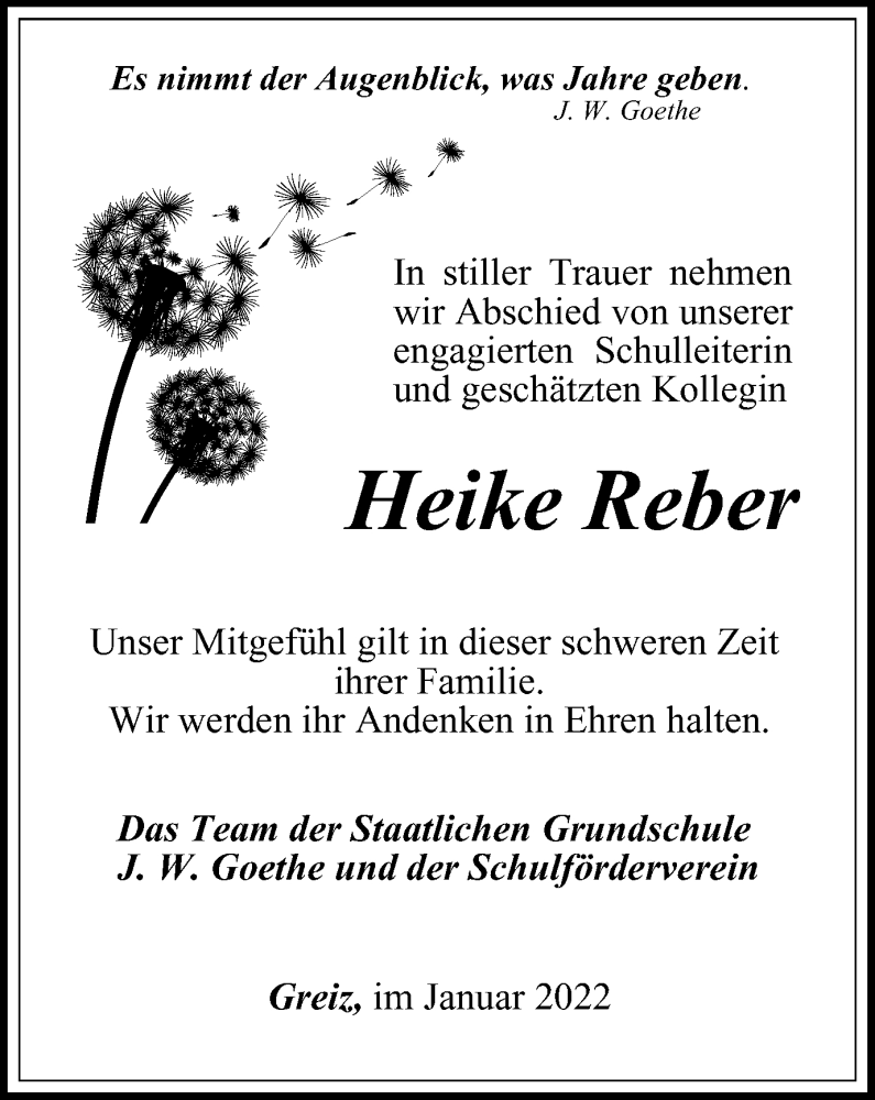  Traueranzeige für Heike Reber vom 26.01.2022 aus Ostthüringer Zeitung