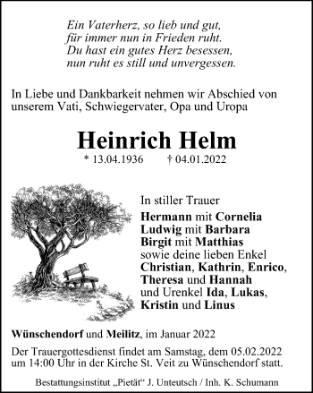Traueranzeige von Heinrich Helm von Ostthüringer Zeitung