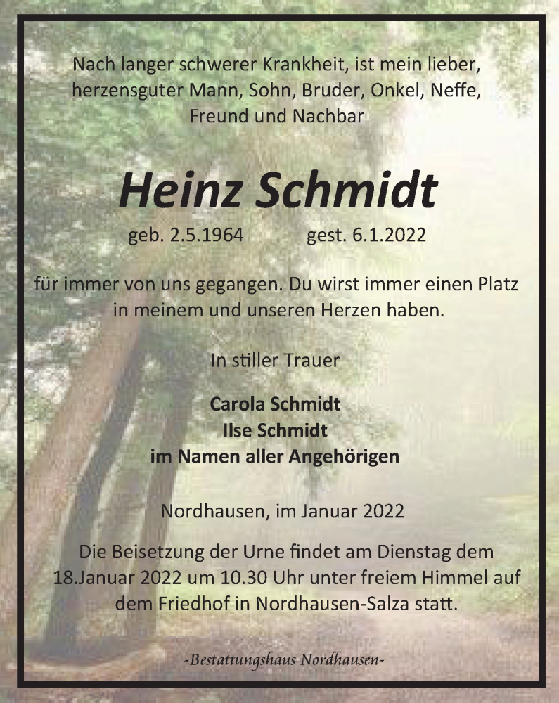  Traueranzeige für Heinz Schmidt vom 12.01.2022 aus Thüringer Allgemeine