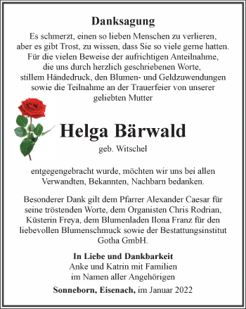 Traueranzeige von Helga Bärwald von Thüringer Allgemeine, Thüringische Landeszeitung