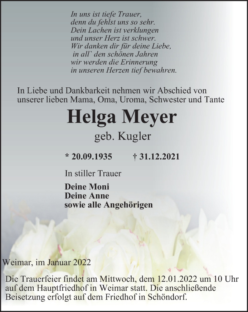  Traueranzeige für Helga Meyer vom 08.01.2022 aus Thüringer Allgemeine, Thüringische Landeszeitung