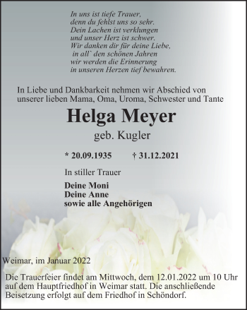 Traueranzeige von Helga Meyer von Thüringer Allgemeine, Thüringische Landeszeitung