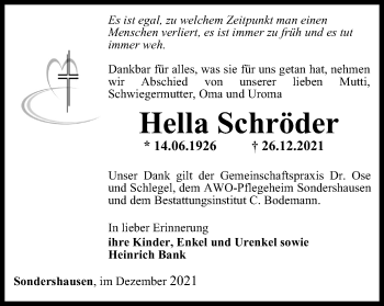 Traueranzeige von Hella Schröder von Thüringer Allgemeine, Thüringische Landeszeitung