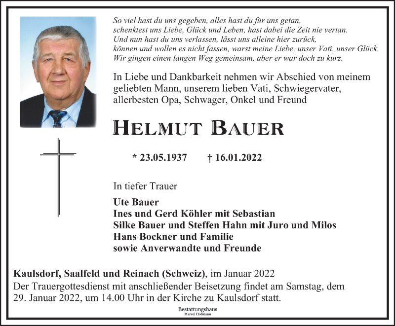  Traueranzeige für Helmut Bauer vom 22.01.2022 aus Ostthüringer Zeitung