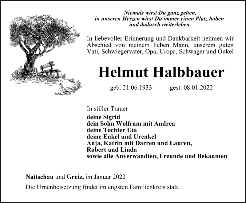  Traueranzeige für Helmut Halbbauer vom 14.01.2022 aus Ostthüringer Zeitung