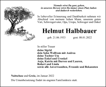 Traueranzeige von Helmut Halbbauer von Ostthüringer Zeitung