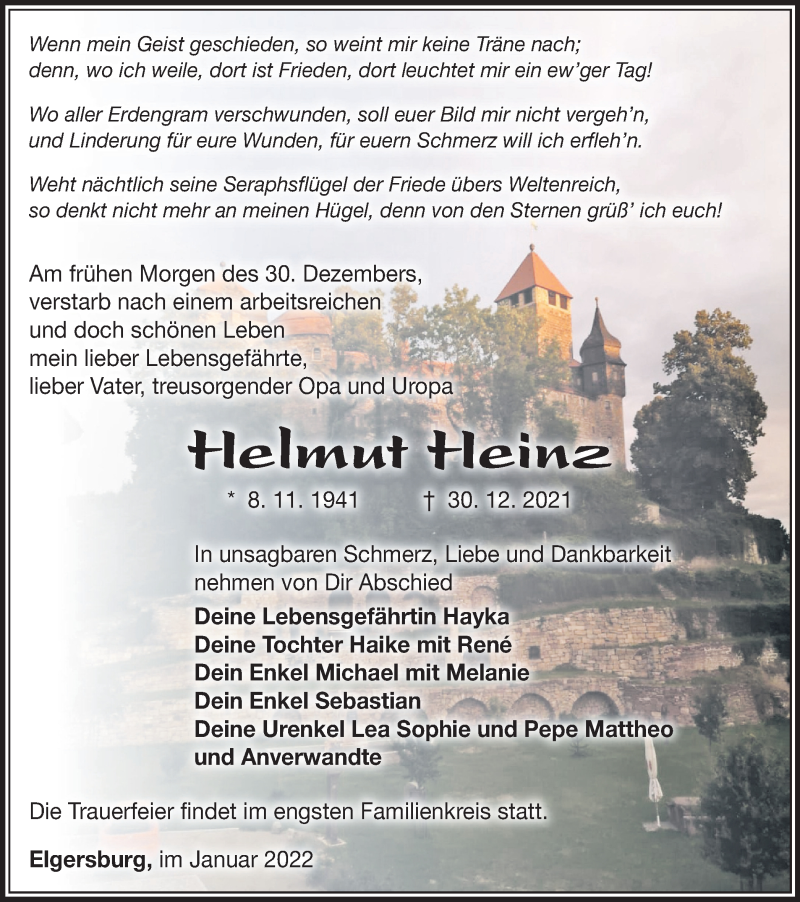  Traueranzeige für Helmut Heinz vom 08.01.2022 aus Thüringer Allgemeine