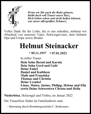 Traueranzeige von Helmut Steinacker von Thüringer Allgemeine