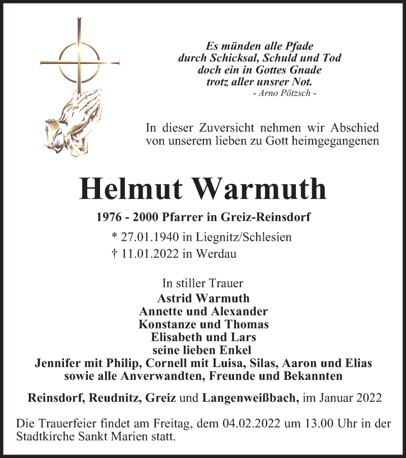  Traueranzeige für Helmut Warmuth vom 14.01.2022 aus Ostthüringer Zeitung