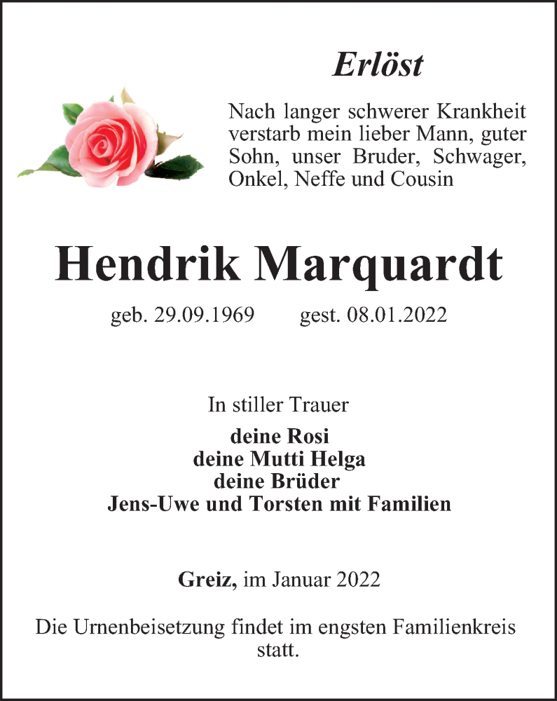  Traueranzeige für Hendrik Marquardt vom 14.01.2022 aus Ostthüringer Zeitung