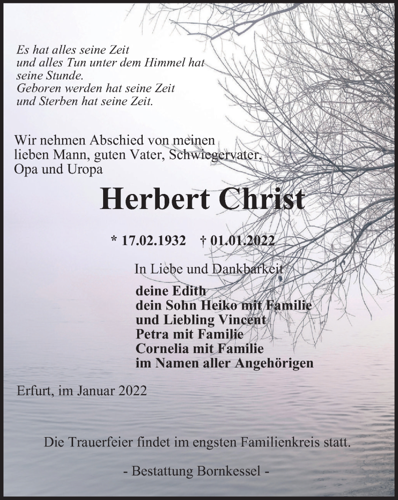  Traueranzeige für Herbert Christ vom 08.01.2022 aus Thüringer Allgemeine, Thüringische Landeszeitung