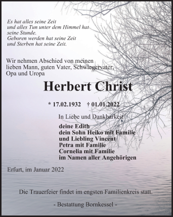 Traueranzeige von Herbert Christ von Thüringer Allgemeine, Thüringische Landeszeitung