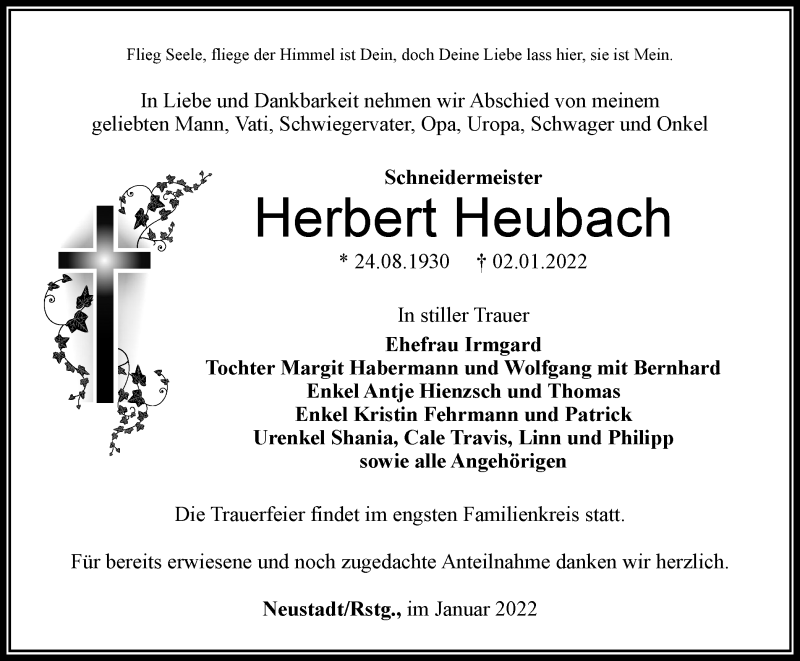  Traueranzeige für Herbert Heubach vom 08.01.2022 aus Thüringer Allgemeine