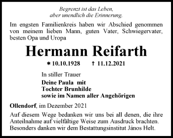 Traueranzeige von Hermann Reifarth von Thüringer Allgemeine, Thüringische Landeszeitung