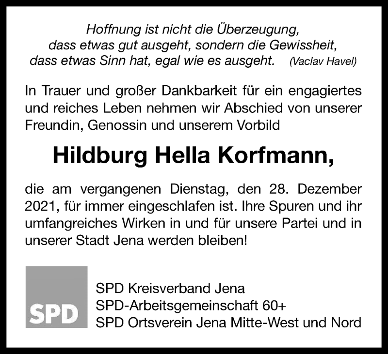  Traueranzeige für Hildburg Hella Korfmann vom 05.01.2022 aus Ostthüringer Zeitung, Thüringische Landeszeitung