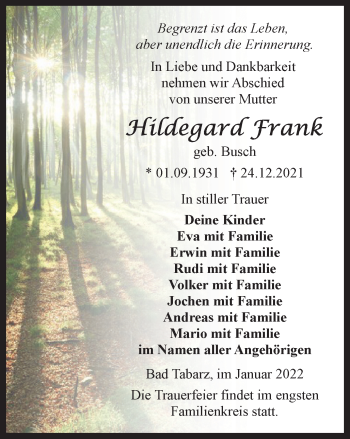 Traueranzeige von Hildegard Frank von Thüringer Allgemeine, Thüringische Landeszeitung