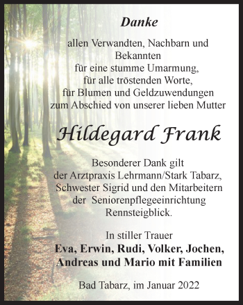 Traueranzeige von Hildegard Frank von Thüringer Allgemeine, Thüringische Landeszeitung