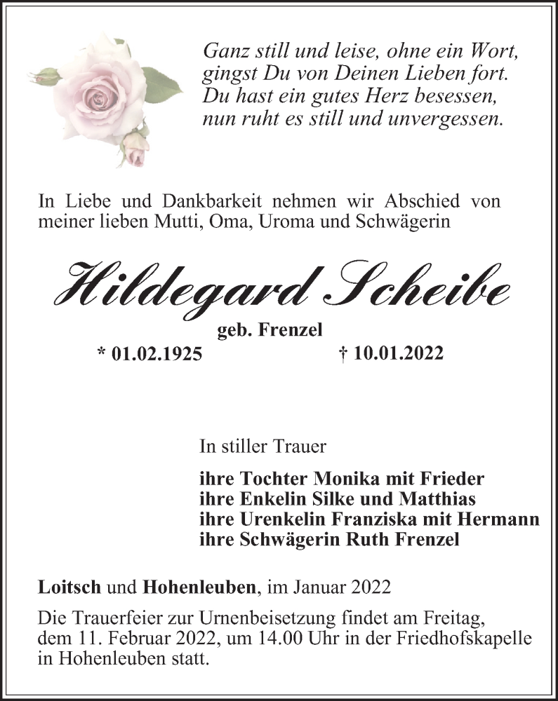  Traueranzeige für Hildegard Scheibe vom 22.01.2022 aus Ostthüringer Zeitung