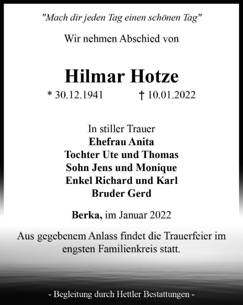  Traueranzeige für Hilmar Hotze vom 15.01.2022 aus Thüringer Allgemeine