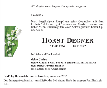 Traueranzeige von Horst Degner von Ostthüringer Zeitung