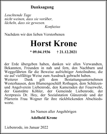 Traueranzeige von Horst Krone von Thüringer Allgemeine