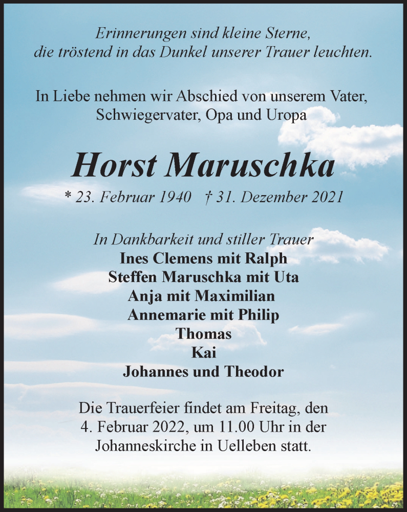  Traueranzeige für Horst Maruschka vom 15.01.2022 aus Thüringer Allgemeine, Thüringische Landeszeitung